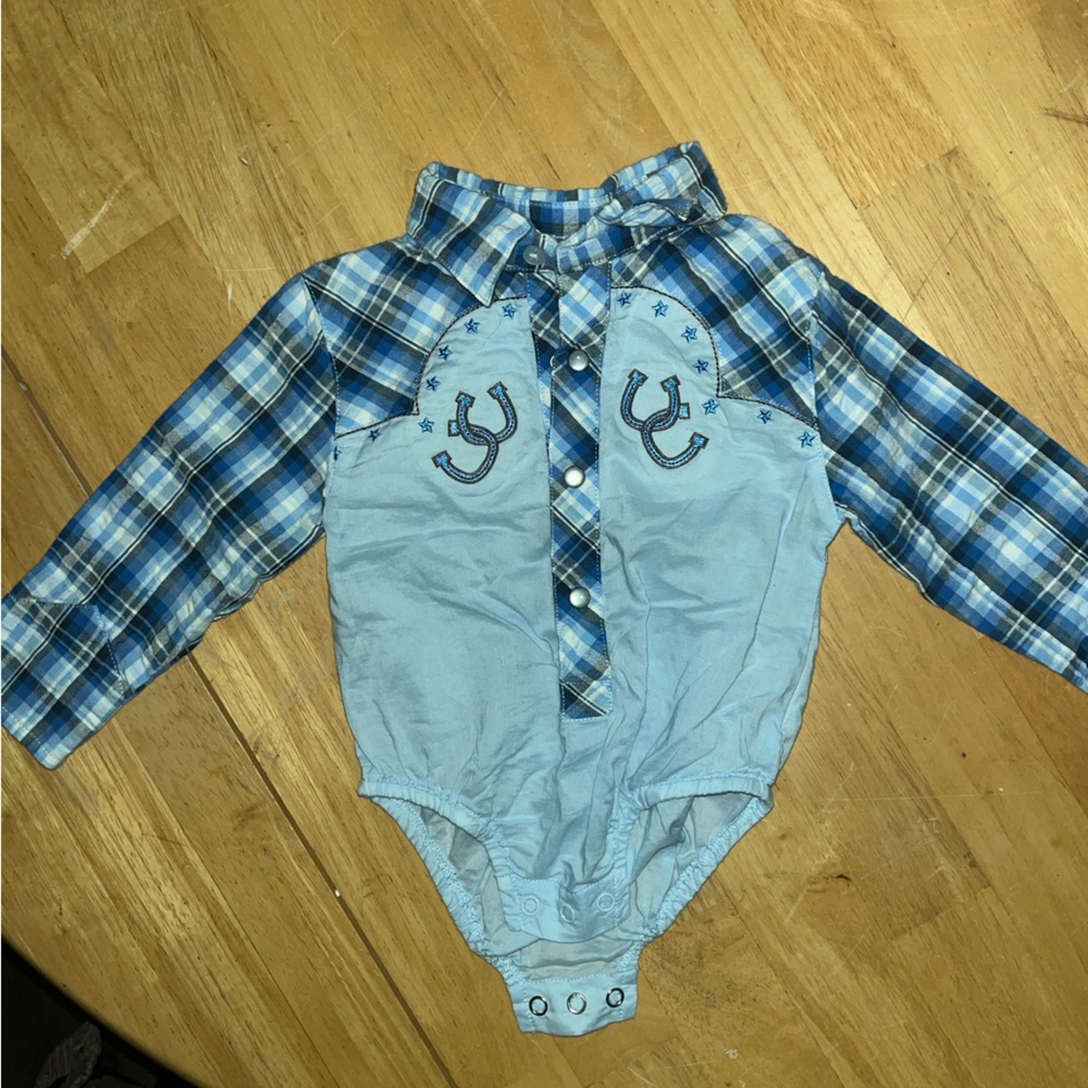 Wrangler infant 3-6 month onsie Blue Plaid Button Down Shirt